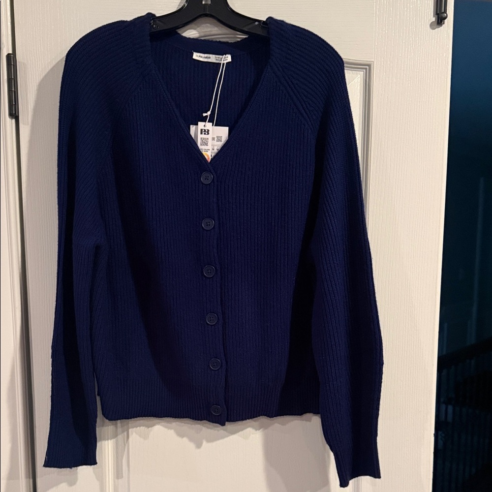 Pull&Bear Navy Ribbed V‑Neck Button Front Cardigan